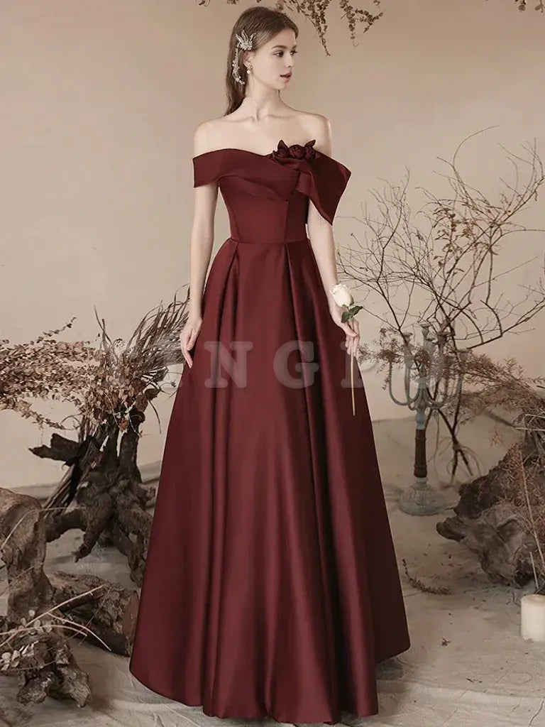 Wholesale A-Line Off Shoulder Satin Burgundy Long Prom Dress Burgundy Long Formal Dress gowns evening dresses